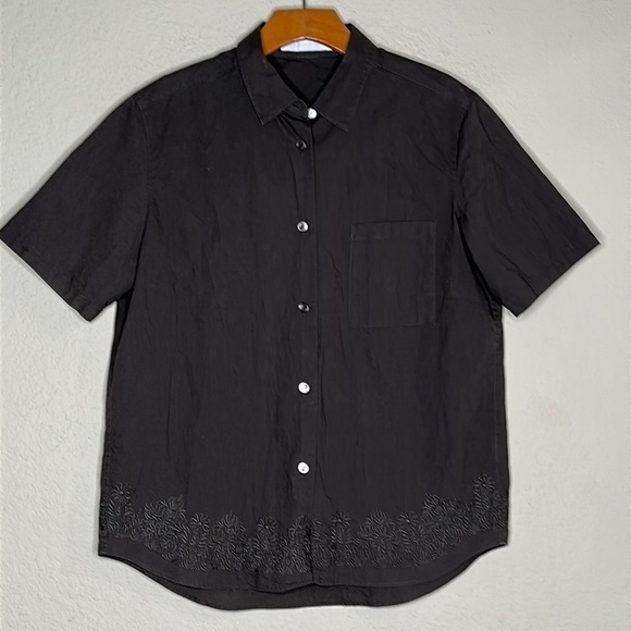 Nicole Farhi Boxy Linen Cotton Embroidered Floral Short Sleeve Button Blouse Lrg - Picture 4 of 12